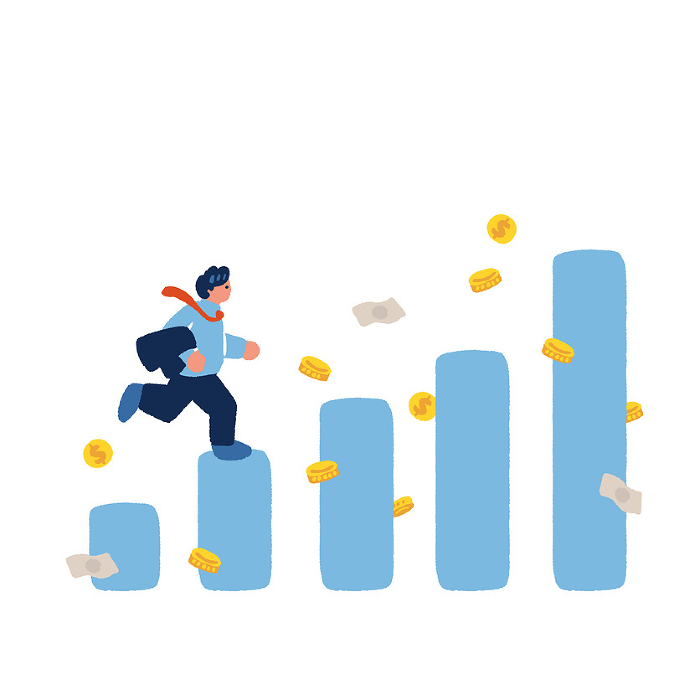 Illustration of a businessman running on graphs and coins