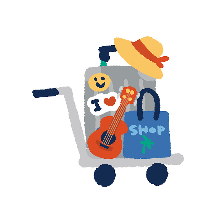 Illustration of a trunk and souvenirs on a cart