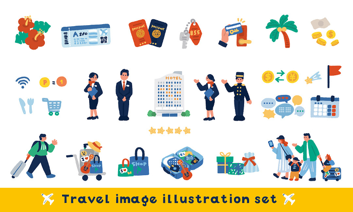 Set of colorful hand-drawn illustrations of travel services and people