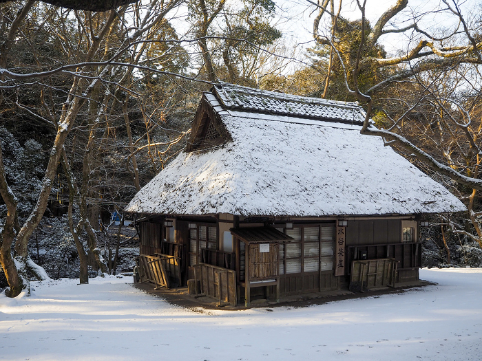 Thatched-roof teahouse with snow