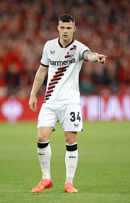 West Ham United FC v Bayer 04 Leverkusen: Quarter Final Second Leg   UEFA Europa League 2023 24 Granit Xhaka of Bayer 04 Leverkusen pointing during the UEFA Europa League 2023 24 Quarter Final second leg match between West Ham United FC and Bayer 04 Leverkusen at Olympic Stadium on April 18, 2024 in London, England.   WARNING  This Photograph May Only Be Used For Newspaper And Or Magazine Editorial Purposes. May Not Be Used For Publications Involving 1 player, 1 Club Or 1 Competition Without Written Authorisation From Football DataCo Ltd. For Any Queries, Please Contact Football DataCo Ltd on  44  0  207 864 9121