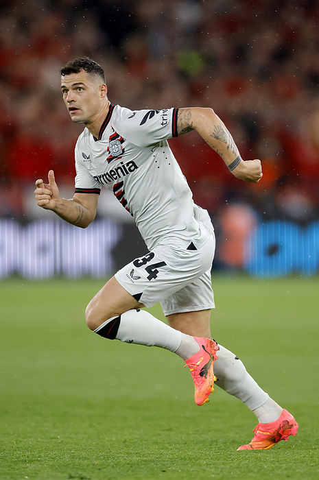 West Ham United FC v Bayer 04 Leverkusen: Quarter Final Second Leg   UEFA Europa League 2023 24 Granit Xhaka of Bayer 04 Leverkusen running during the UEFA Europa League 2023 24 Quarter Final second leg match between West Ham United FC and Bayer 04 Leverkusen at Olympic Stadium on April 18, 2024 in London, England.   WARNING  This Photograph May Only Be Used For Newspaper And Or Magazine Editorial Purposes. May Not Be Used For Publications Involving 1 player, 1 Club Or 1 Competition Without Written Authorisation From Football DataCo Ltd. For Any Queries, Please Contact Football DataCo Ltd on  44  0  207 864 9121