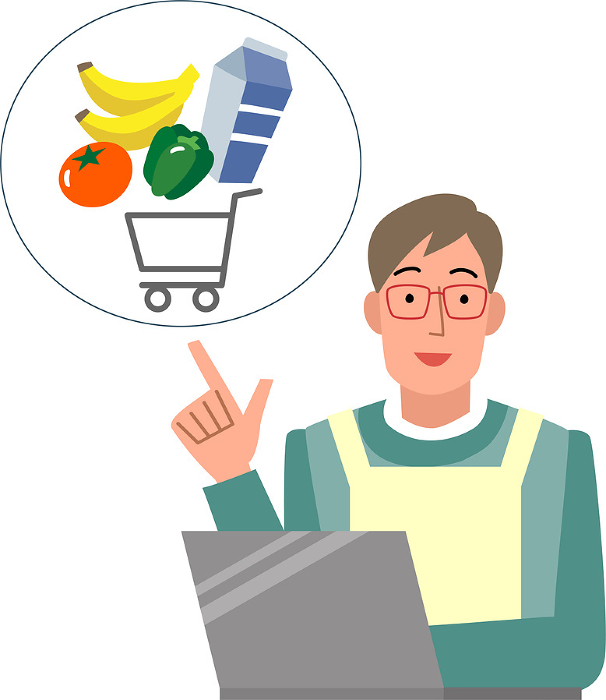 Upper half of a smiling man using an online supermarket on a PC
