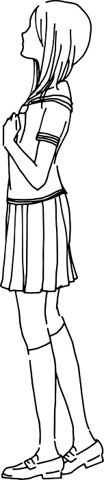 Black-and-white line drawing illustration of a full-body profile of a female student