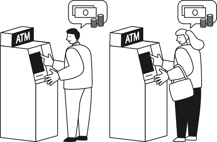 Set of woman and man operating ATM