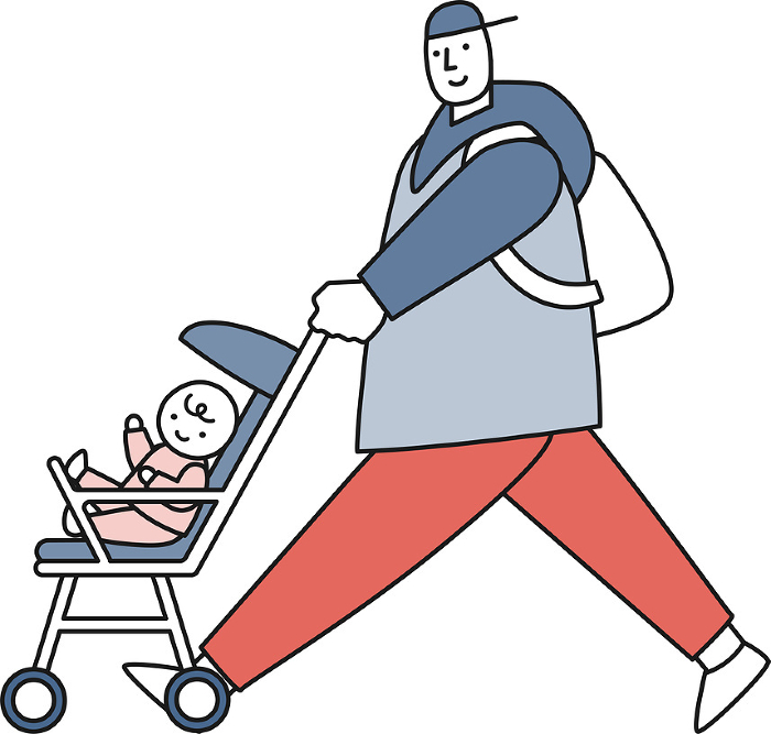 Father pushing stroller with baby