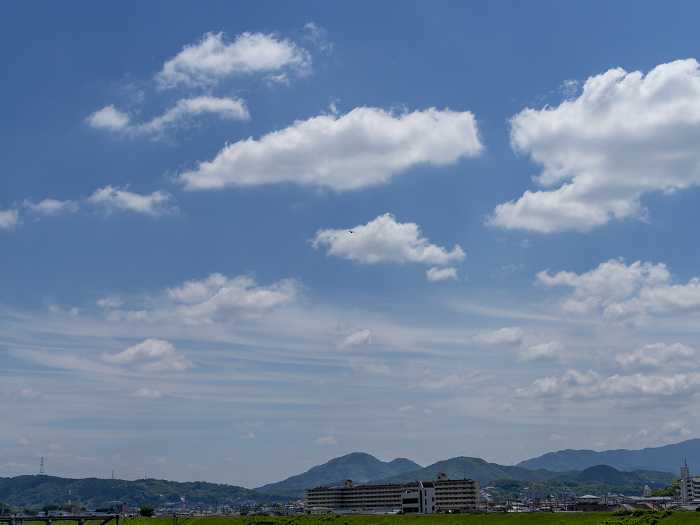 Townscape along the Yamato River and blue spring sky