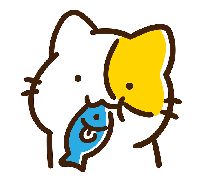 Deformed illustration of a cute cat character moping around with a fish in its mouth.