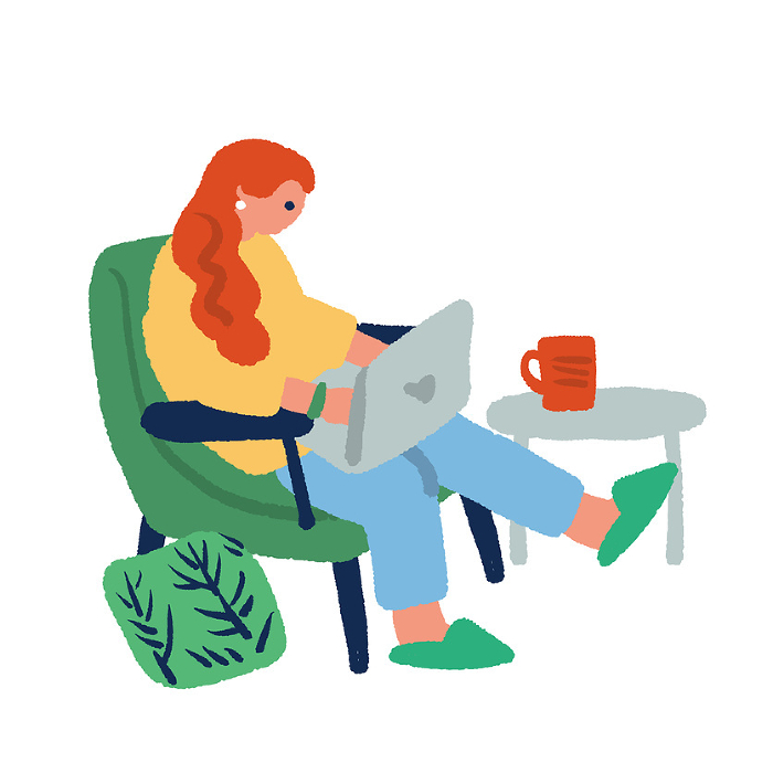 Hand drawn illustration of a woman using a computer in a living room