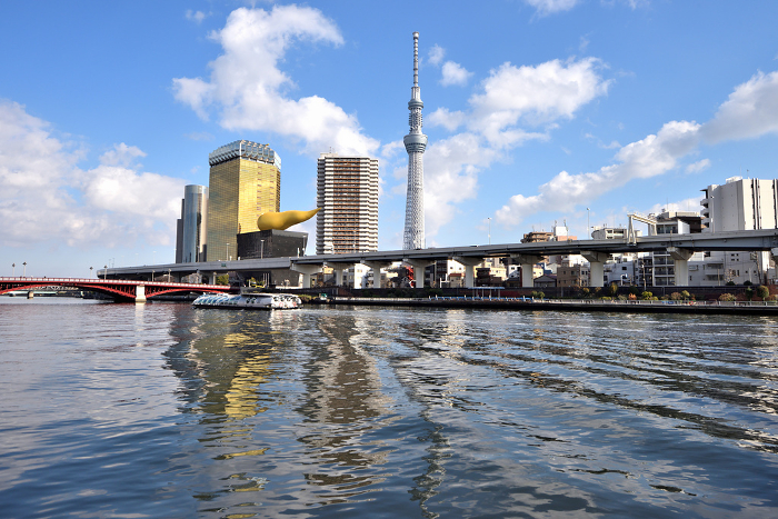 Sumida River with gorgeous blue sky and Sky Tree
