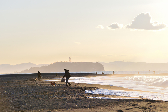 Early morning dog walkers at Chigasaki beach