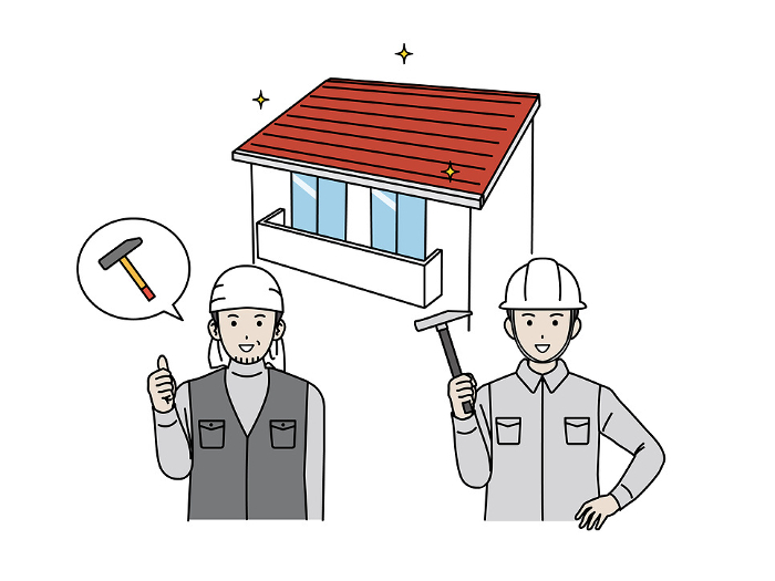 Illustration of a carpenter man building a house and repairing a roof.