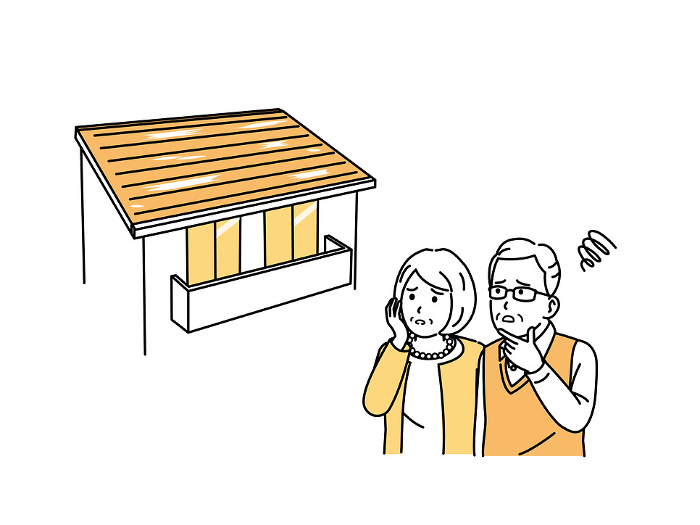 Illustration of an elderly couple in trouble with peeling roof paint