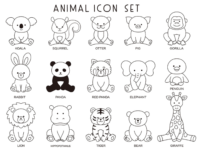 Vector illustration set of animals sitting. Icons, zoo, sitting