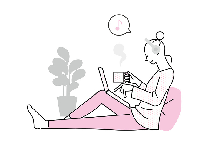 Vector illustration of a fashionable woman relaxing at home, wearing wireless headphones and playing computer.