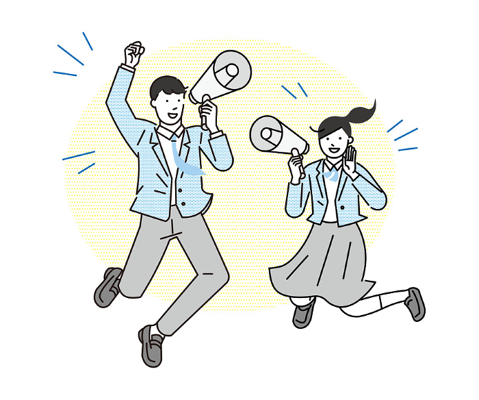 man and woman jumping with megaphone - cheering people black and white simple vector illustration