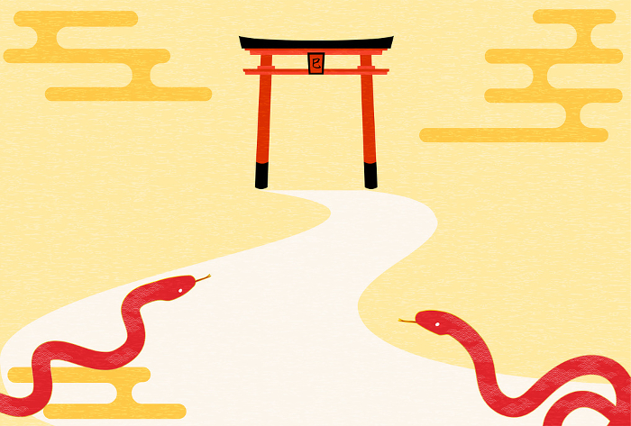 New Year's postcard for the year of the snake 2025, a snake heading for the torii gate of a shrine for the first time, New Year's postcard material
