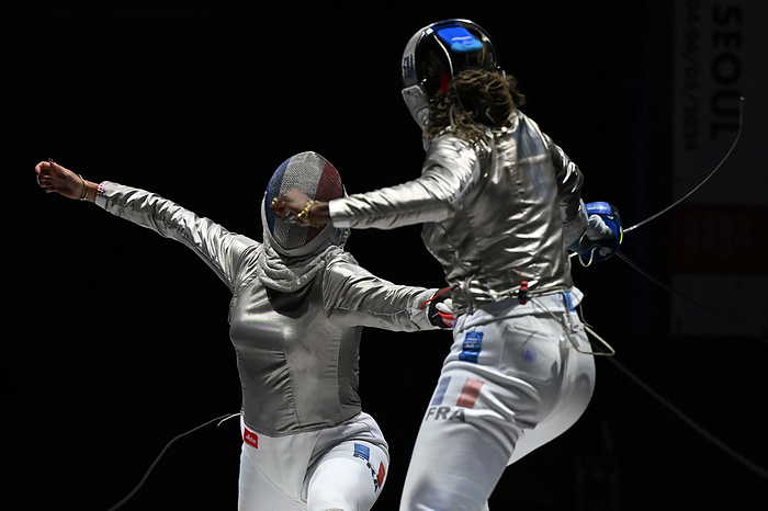 2024 FIE Fencing World Grand Prix France s Sarah Noutcha  R  fights against France s Sara Balzer during the 2024 FIE Fencing World Grand Prix Women s Sabre semi finals match in Seoul, South Korea, on May 6, 2024.  Photo by AFLO  