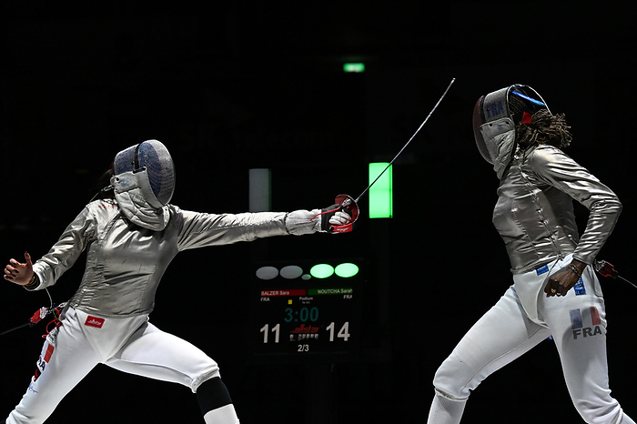 2024 FIE Fencing World Grand Prix France s Sarah Noutcha  R  fights against France s Sara Balzer during the 2024 FIE Fencing World Grand Prix Women s Sabre semi finals match in Seoul, South Korea, on May 6, 2024.  Photo by AFLO  