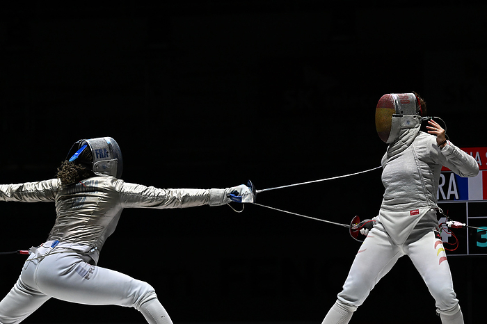 2024 FIE Fencing World Grand Prix Spain s Araceli Navarro  R  fights against France s Sarah Noutcha during the 2024 FIE Fencing World Grand Prix Women s Sabre final match in Seoul, South Korea, on May 6, 2024.  Photo by AFLO  