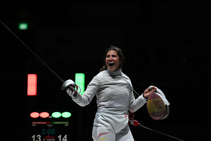 2024 FIE Fencing World Grand Prix Spain s Araceli Navarro celebrates during the 2024 FIE Fencing World Grand Prix Women s Sabre final match against France s Sarah Noutcha in Seoul, South Korea, on May 6, 2024.  Photo by AFLO  