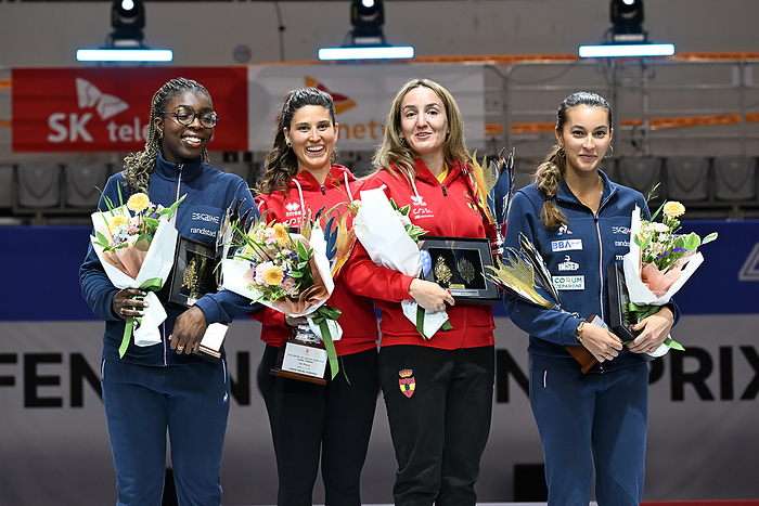 2024 FIE Fencing World Grand Prix Winner Spain s Araceli Navarro  2nd L  poses with second place France s Sarah Noutcha  L , third place Spain s Lucia Martin Portugues  2nd R  and France s Sara Balzer during the 2024 FIE Fencing World Grand Prix Women s Sabre award ceremony in Seoul, South Korea, on May 6, 2024.  Photo by AFLO  