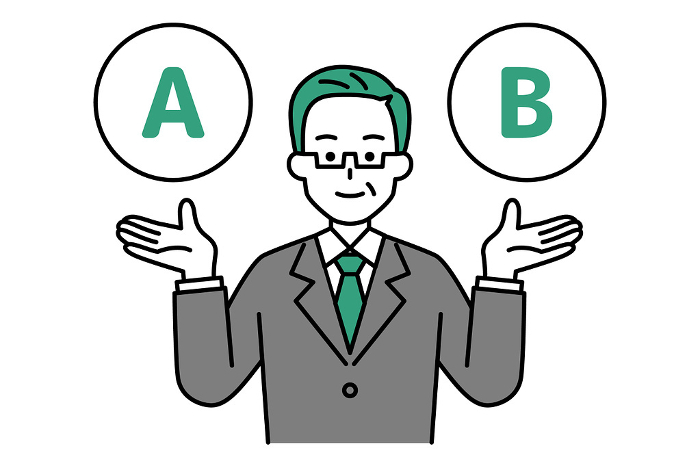 Older man in suit offering options A and B.