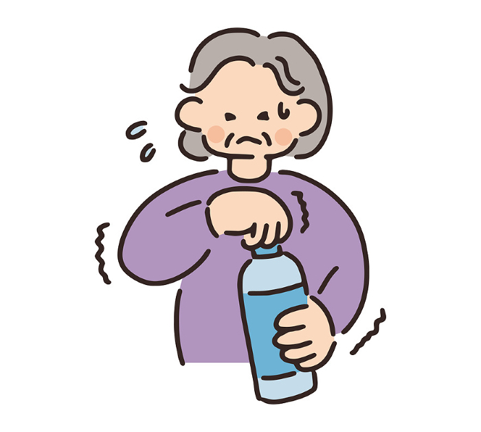 Clip art of senior woman who cannot open lid of plastic bottle