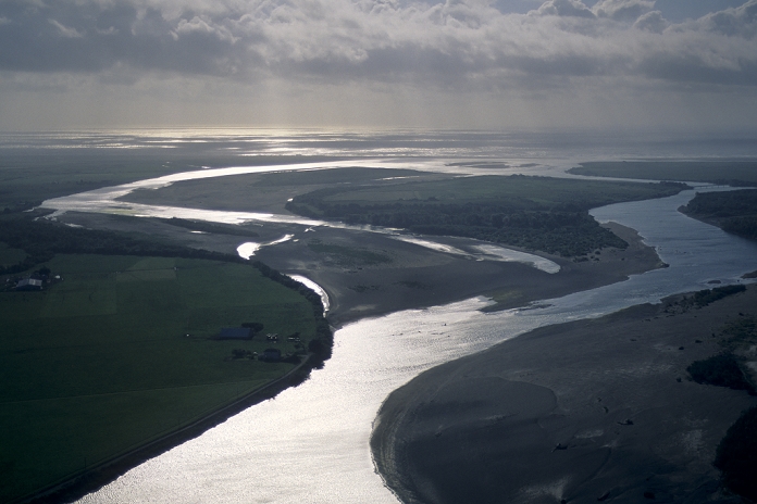 Yale River, California, U.S.A. Aerial over the mouth of the Eel River, near Ferndale, Humboldt County, CALIFORNIA