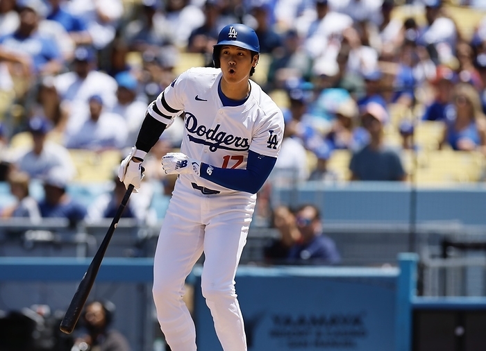2024 MLB Dodgers vs. Marlins, bottom of the 6th inning, Dodgers 1 out, Shohei Ohtani of the Dodgers looks at the ball after fouling it off, May 8, 2024, Dodger Stadium  date 20240509  place Dodger Stadium, Los Angeles