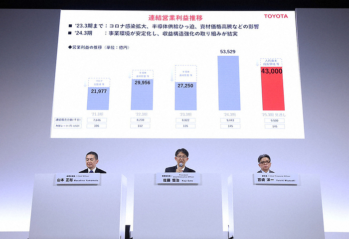 Announcement of Toyota Motor Corporation s financial results Toyota Motor Corporation President Tsuneji Sato  center  and others at a press conference announcing financial results in Chuo ku, Tokyo, Japan, May 8, 2024, 3:24 p.m. Photo by Takeshi Inokai