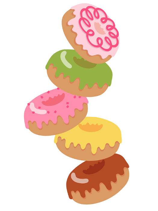 Five colorful doughnuts in a crumbling pile