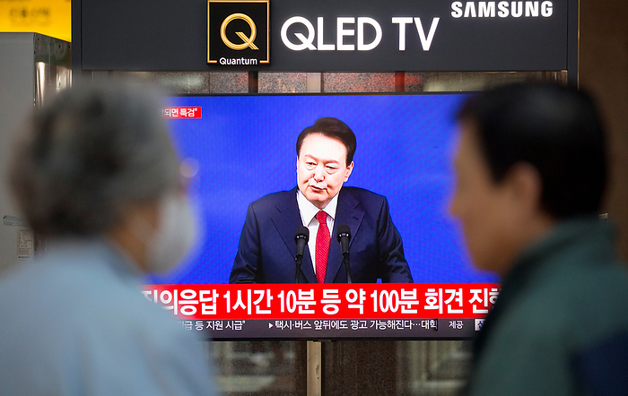 South Korean President Yoon Suk Yeol s press conference marking the second anniversary of his presidency in Seoul Press conference of Korean President Yoon Suk Yeol, May 9, 2024 : A TV screen at a Seoul train station shows a news report on a press conference of South Korean President Yoon Suk Yeol in Seoul, South Korea. The press conference was held to mark the second anniversary of Yoon s presidency, which falls on May 10. According to Reporters Without Borders  RSF  on May 3, South Korea scored 64.87 in RSF s World Press Freedom Index for 2024, ranking 62nd in the world, local media reported.  Photo by Lee Jae Won AFLO 