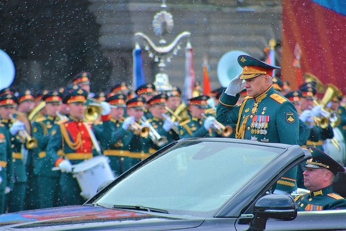 79th Anniversary of Victory over Russia and Germany Commemorated in Moscow Russian Defense Minister Shoigu leads a military parade amidst light snow flurries at a ceremony marking Russia s Victory Day against Germany, in Moscow, May 9, 2009.