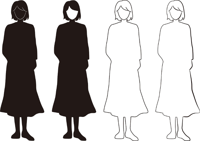 set of monochrome illustrations of human figure imitating woman