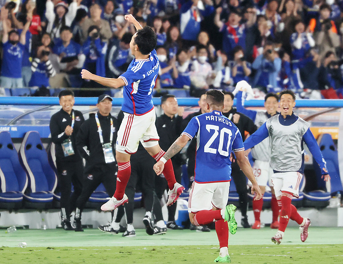 Japan s Yokohama F. Marinos defeated UAE s Al Ain FC at the first leg match of the ACL final May 11, 2024, Yokohama, Japan   Japan s Yokohama F. Marinos defender Kouta Watanabe  L  leaps in the air as he scores a goal during the AFC Champions League  ACL  final first leg match against UAE s Al Ain FC in Yokohama, suburban Tokyo on Saturday, May 11, 2024. Yokohama F. Marinos defeated Al Ain FC at the first match of the ACL final 2 1.       photo by Yoshio Tsunoda AFLO 