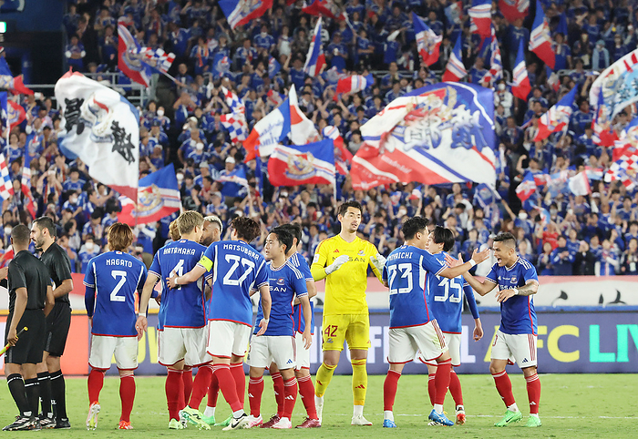 Japan s Yokohama F. Marinos defeated UAE s Al Ain FC at the first leg match of the ACL final May 11, 2024, Yokohama, Japan   Japan s Yokohama F. Marinos players celebrate their victory over UAE s Al Ain FC midfielder during the AFC Champions League  ACL  final first leg match in Yokohama, suburban Tokyo on Saturday, May 11, 2024. Yokohama F. Marinos defeated Al Ain FC at the first match of the ACL final 2 1.       photo by Yoshio Tsunoda AFLO 