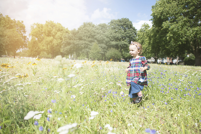 Little child exploring a vibrant wildflower meadow on a sunny day.