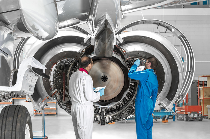 Men working on airplane engine in hangar