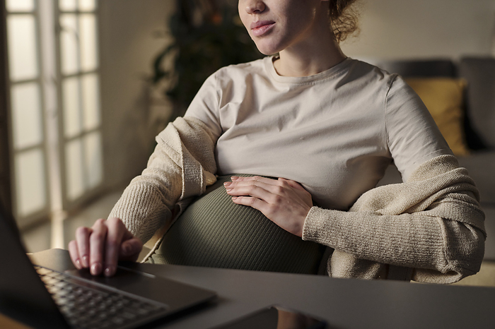Young pregnant businesswoman working on laptop from home