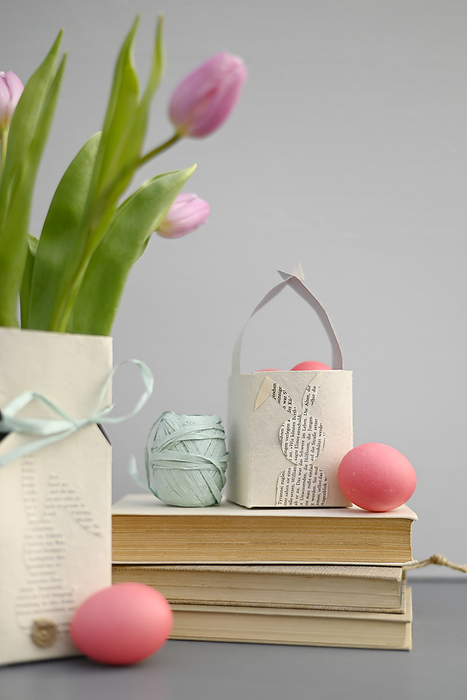 easter decoration Blooming tulips, books and homemade Easter decorations