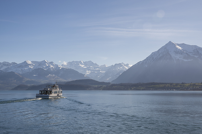 Switzerland, Bern Canton, Thun, Boat sailing across lake Thun