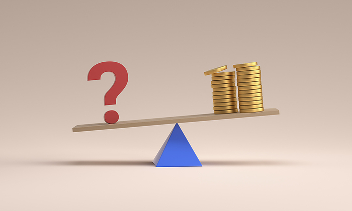 Balance of question mark and money stack over pink background
