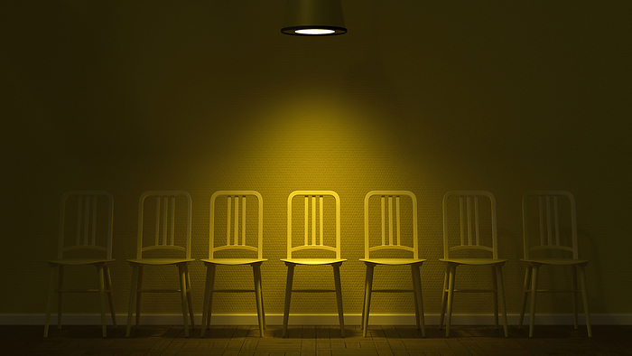 3D render of row of empty chairs illuminated by light fixture