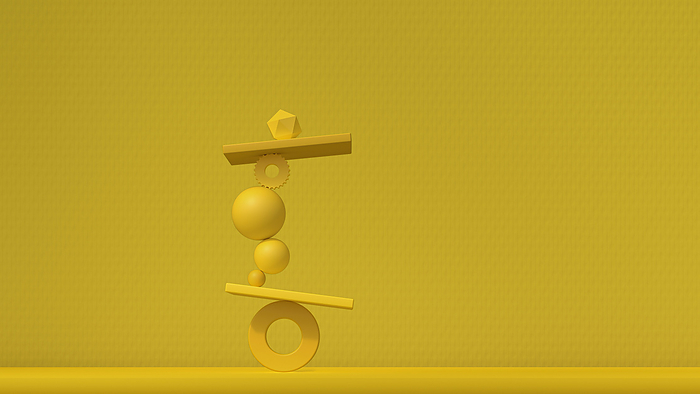 3D render of stack of geometric objects balancing against yellow background