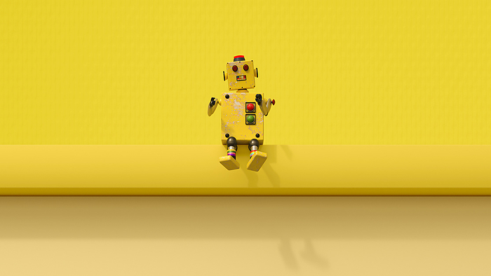 3D render of old-fashioned toy robot sitting on yellow ledge