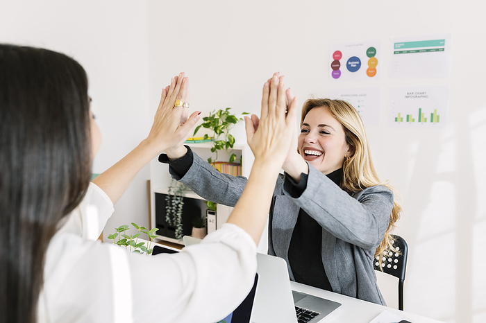 Happy young businesswoman giving high-five to colleague at office