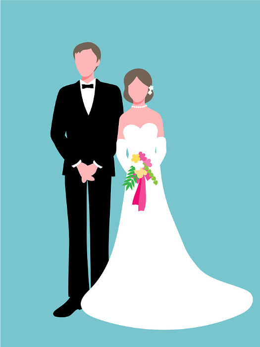 Portrait of bride in wedding dress and groom in tuxedo