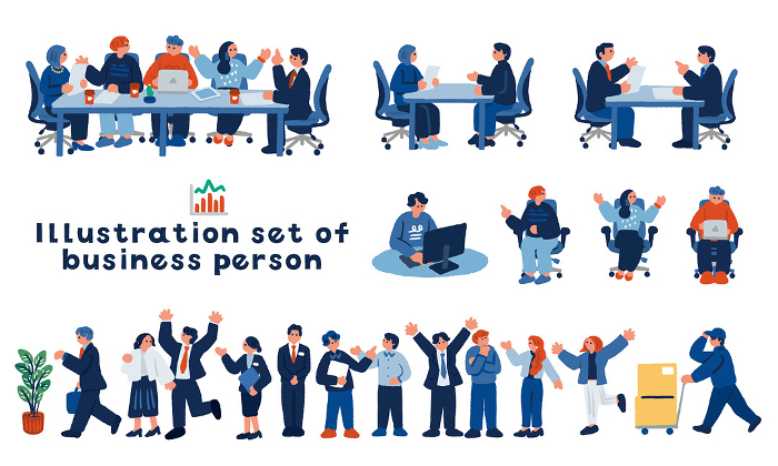 Set of illustrations of people in meetings and business people
