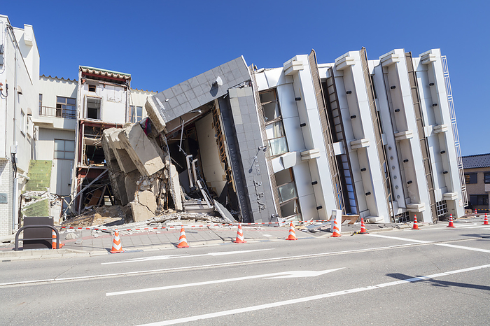 Noto Peninsula Earthquake 2024 A general view of a collapsed building in Wajima, Ishikawa, Japan, March 16, 2024. A powerful magnitude 7.6 earthquake hit Japan s Noto Peninsula of Ishikawa Prefecture on New Year s Day, Monday, January 1, 2024.   Photo by MO Photos AFLO 